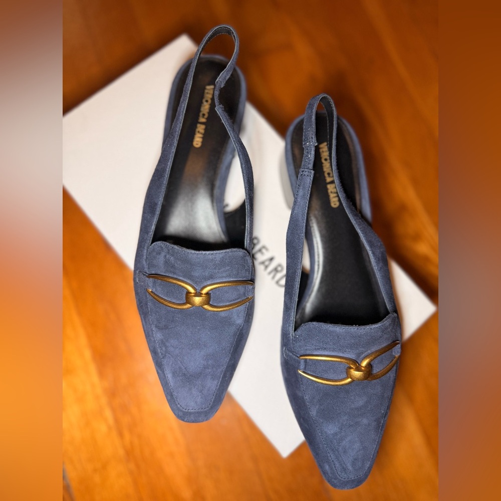 VERONICA BEARD Casie Slingback Pump in Navy Blue Suede with a Gold-Tone Buckle - Picture 3 of 13